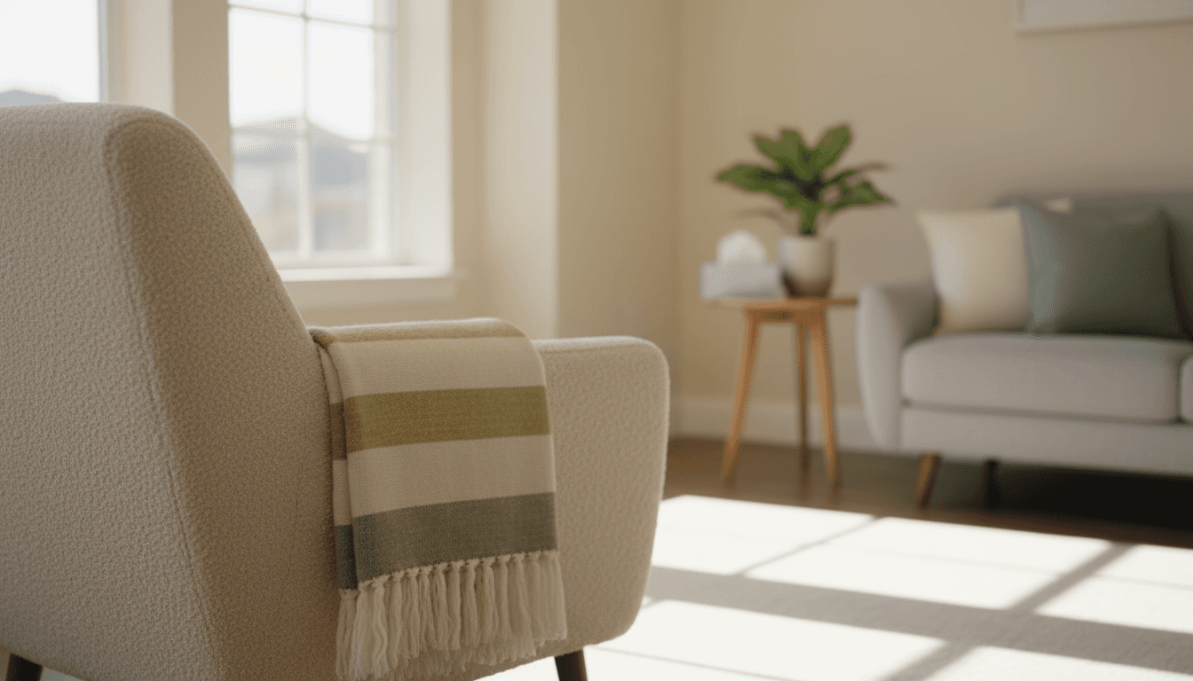 A warm, calming therapy office space with soft natural light and comfortable seating